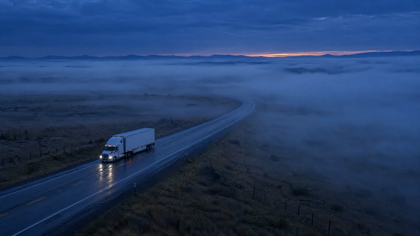 White semi-truck with its headlights on, driving a foggy highway at dawn